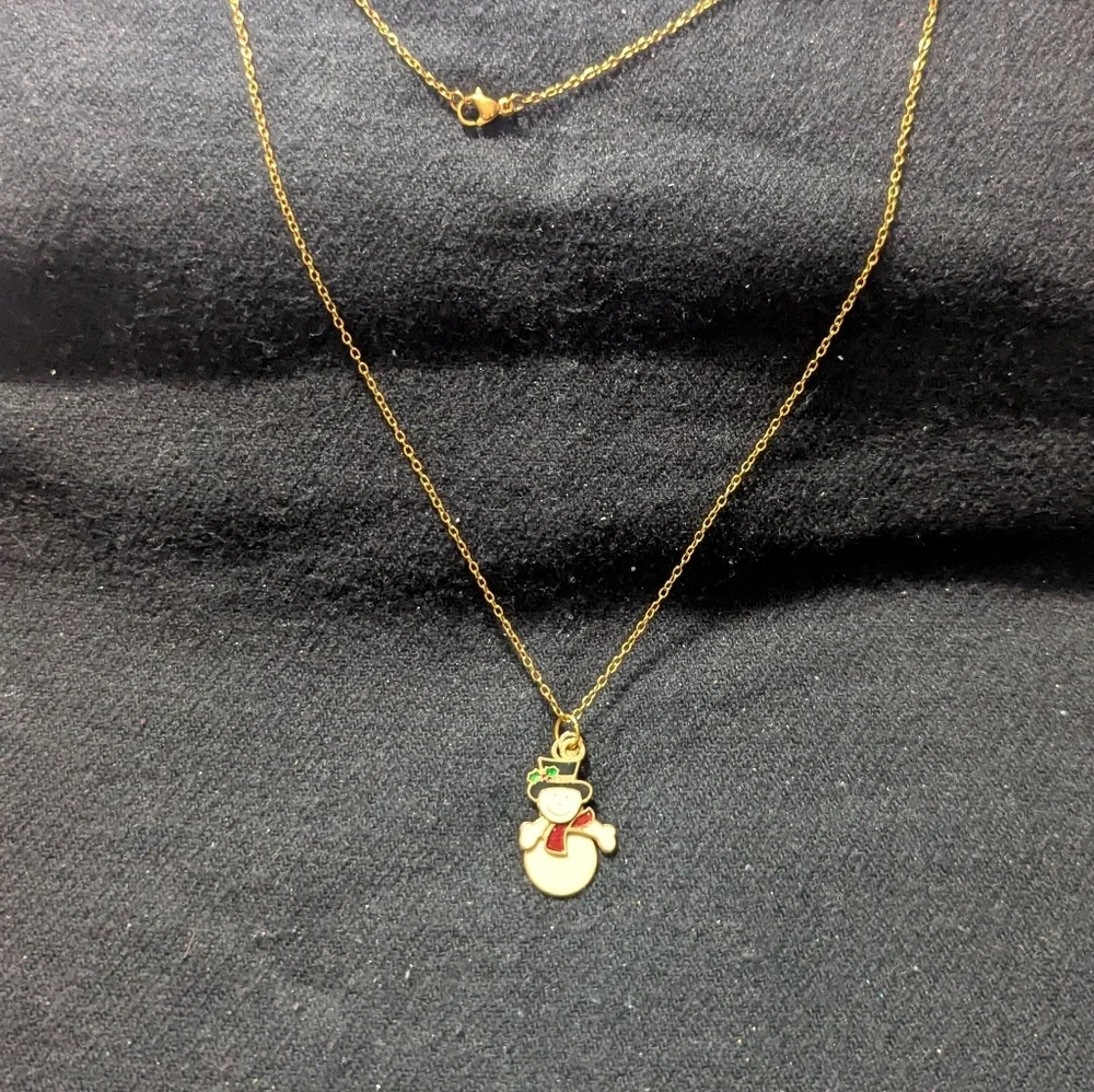 Vintage Gold Tone White Enamel Snowman Wiggle Pendant Statement Necklace